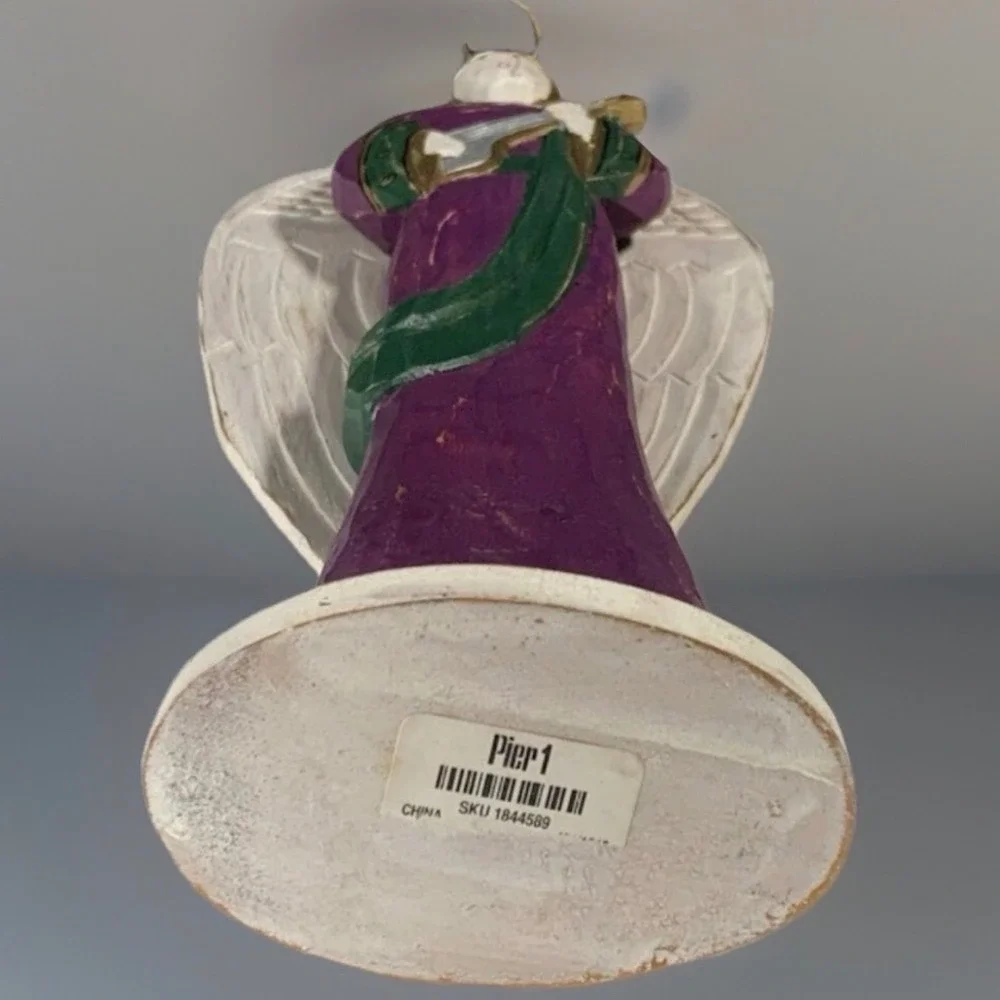 Pier 1 Wooden Angel Wings Halo Figurine Plays Lute Purple Green Carved Folk Art